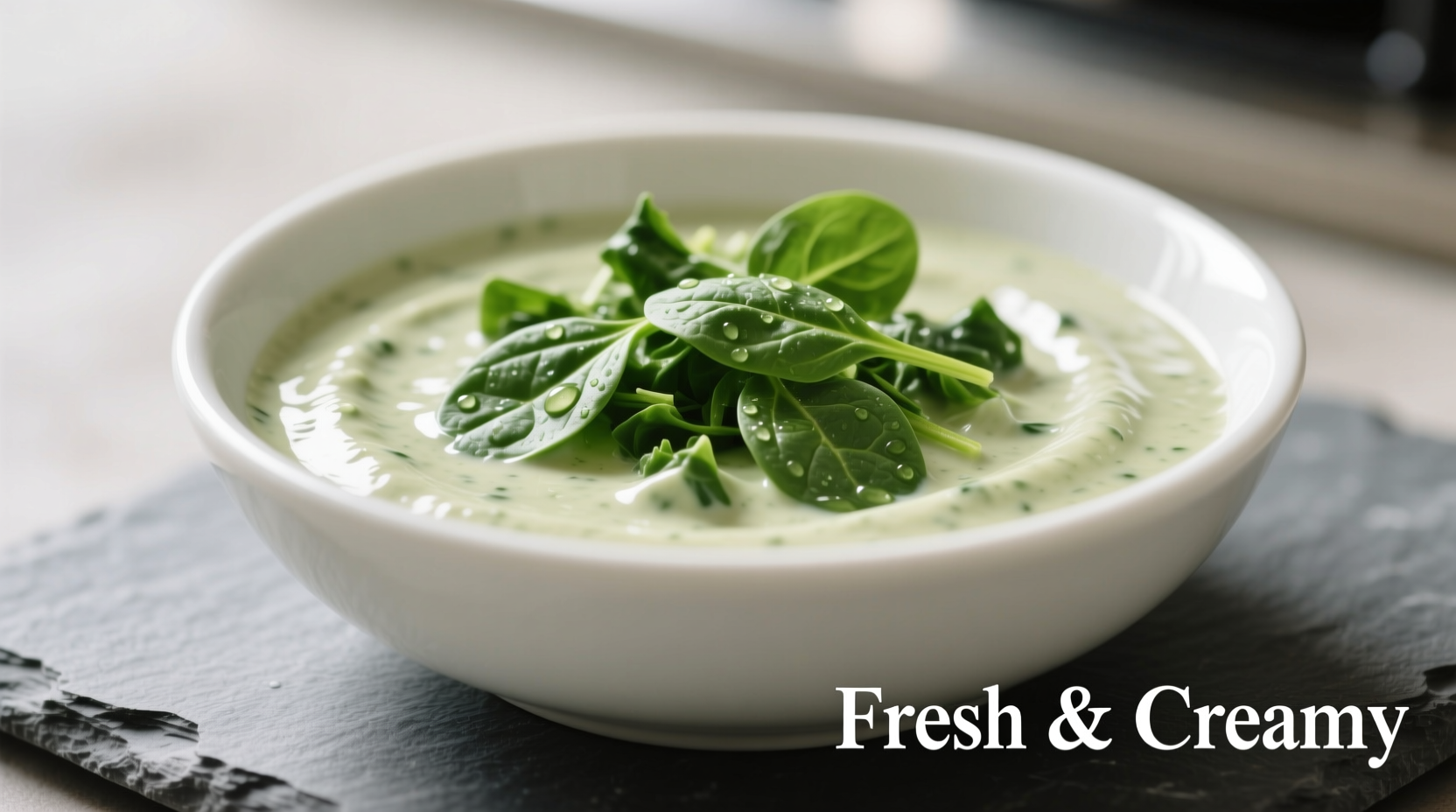 Creamy spinach sauce in white bowl with fresh spinach garnish