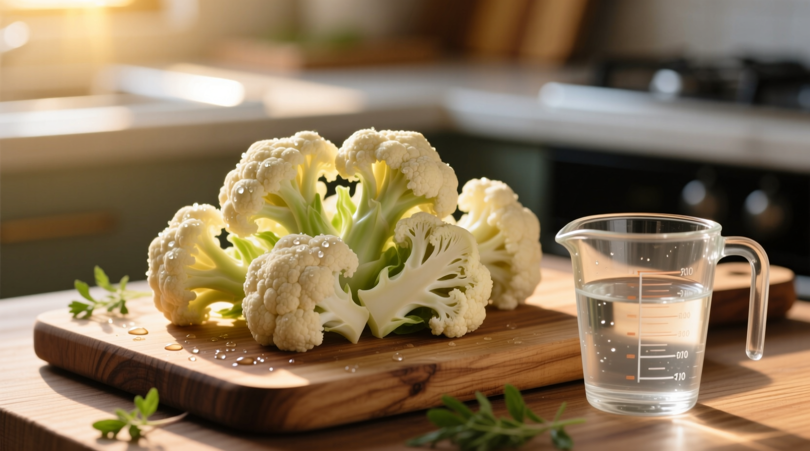 Fresh cauliflower florets on cutting board with measuring cup