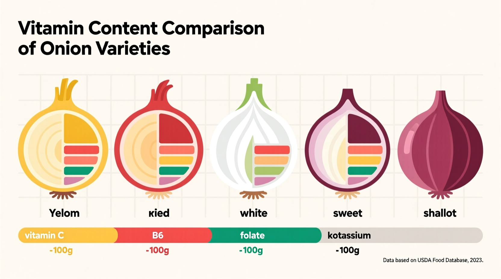 Nutritional comparison of different onion varieties showing vitamin content