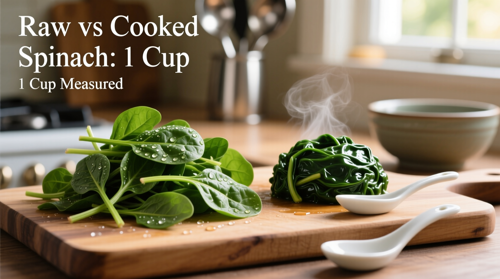 Measuring raw and cooked spinach portions in kitchen
