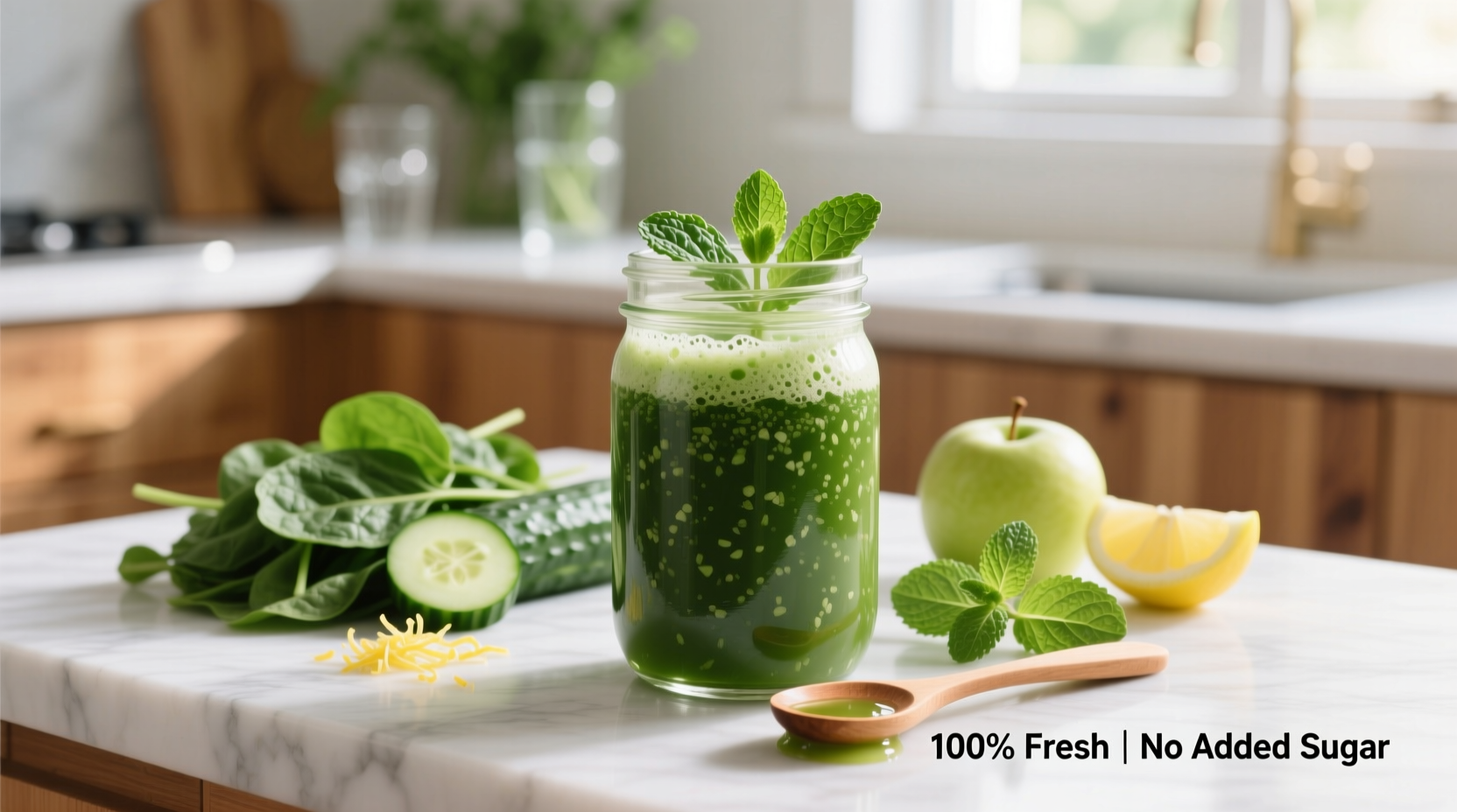 Fresh green spinach juice in glass with ingredients
