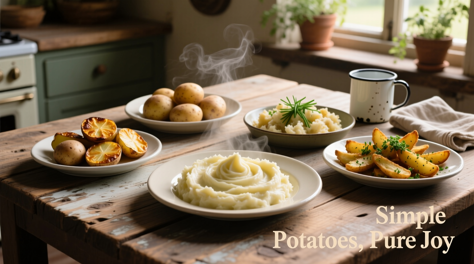 Five simple potato dishes arranged on wooden table