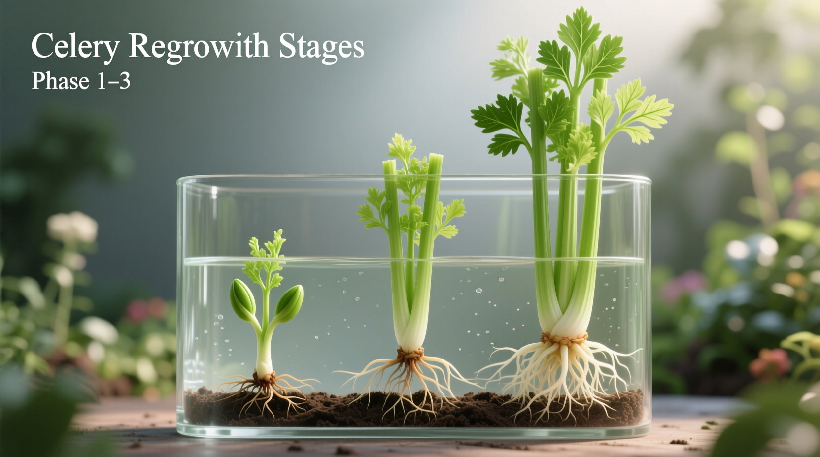 Celery regrowth stages in glass container