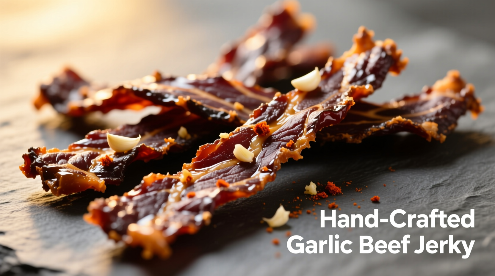 Close-up of artisanal garlic beef jerky strips