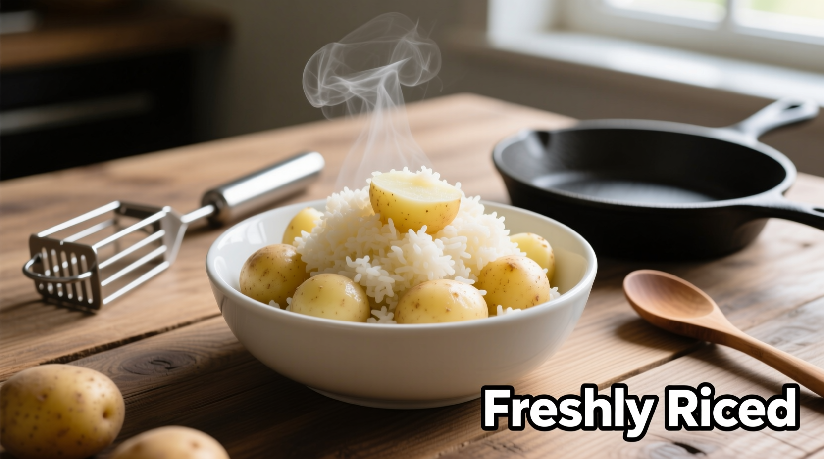 Freshly riced potatoes in a bowl with cooking tools