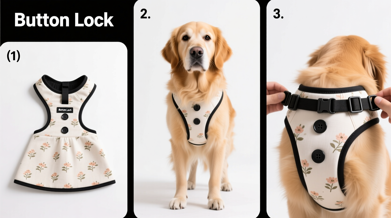 step by step guide to putting on a dog harness dress with button closure for a perfect fit
