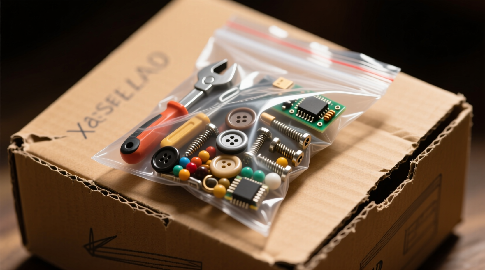 organize tiny items with a plastic bag and cardboard bo