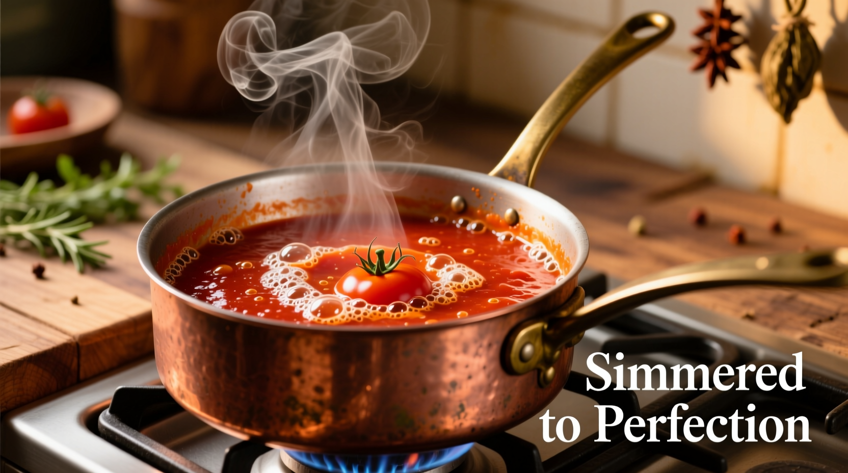 Fresh tomato sauce simmering in copper pot