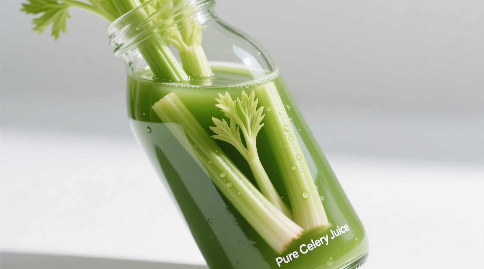 Fresh green celery juice in glass bottle with celery stalks