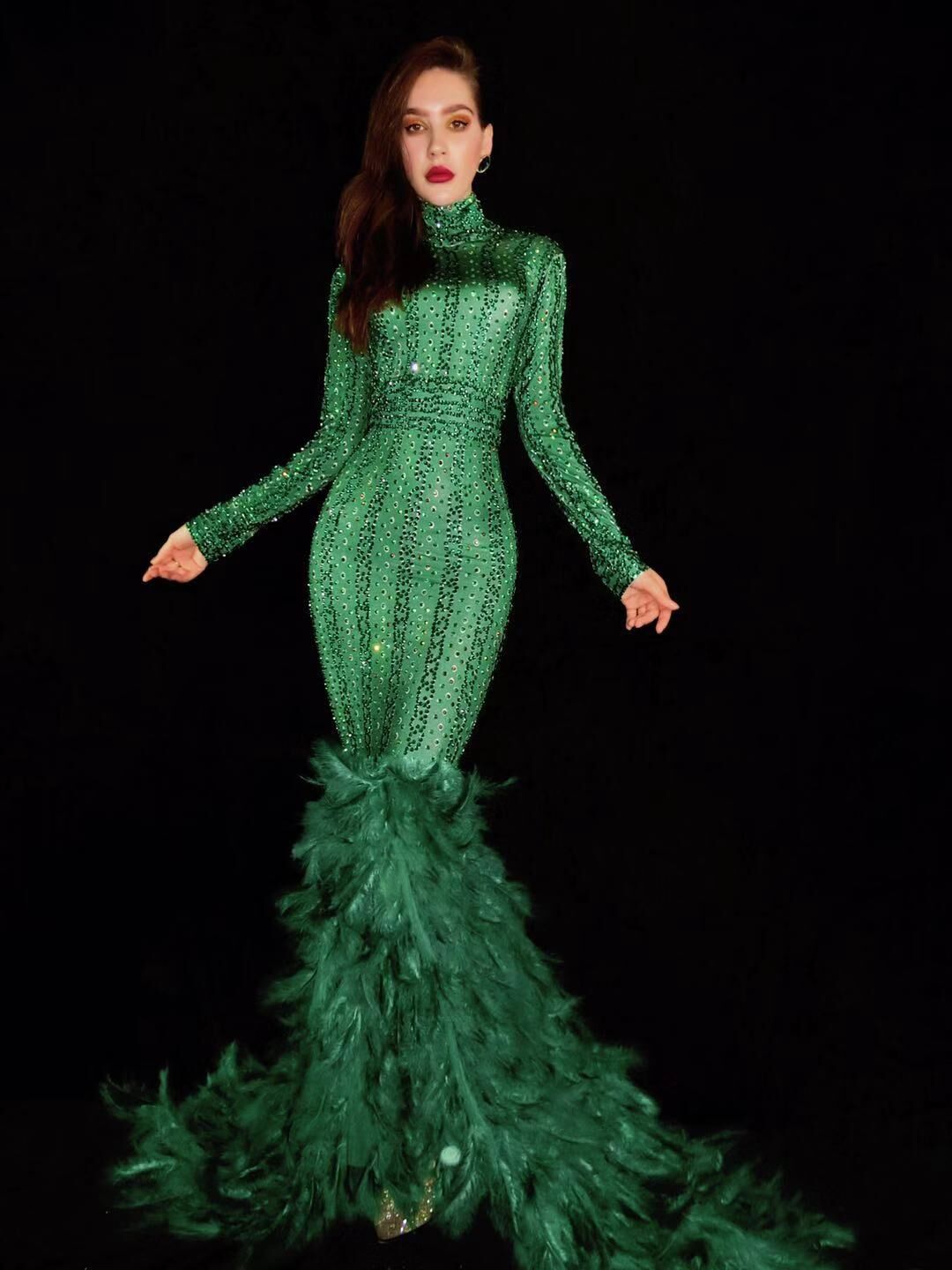 Birthday Sexy Green Feather Dress Party Event Stage Show Singer Evening  Super Star Wear Long Dresses