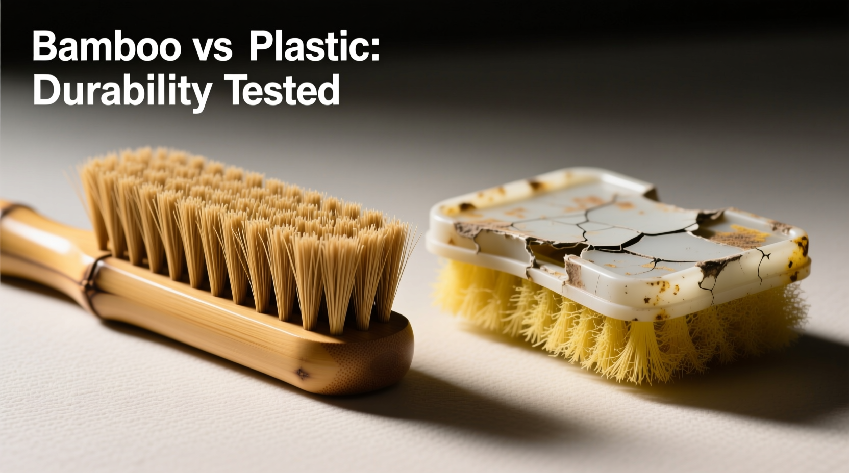 Side-by-side comparison: a smooth, intact bamboo brush with tightly bound agave bristles next to a frayed, discolored recycled plastic scrubber showing visible micro-tears and bristle loss