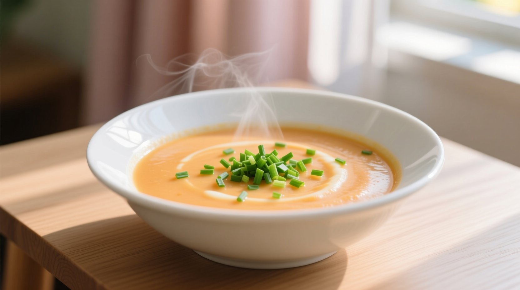 Creamy potato soup with chives in white bowl