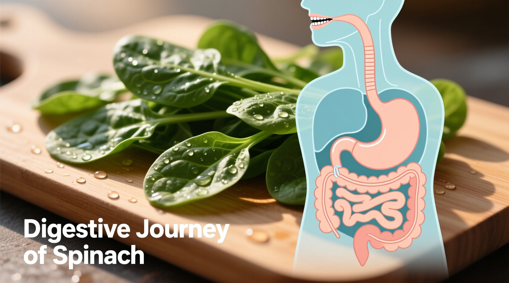Spinach leaves on cutting board with digestive system diagram