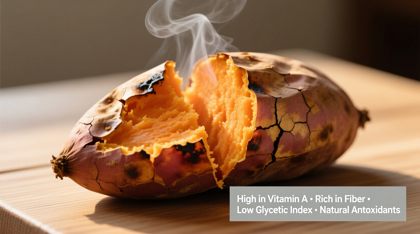 Baked sweet potato with skin showing nutritional benefits