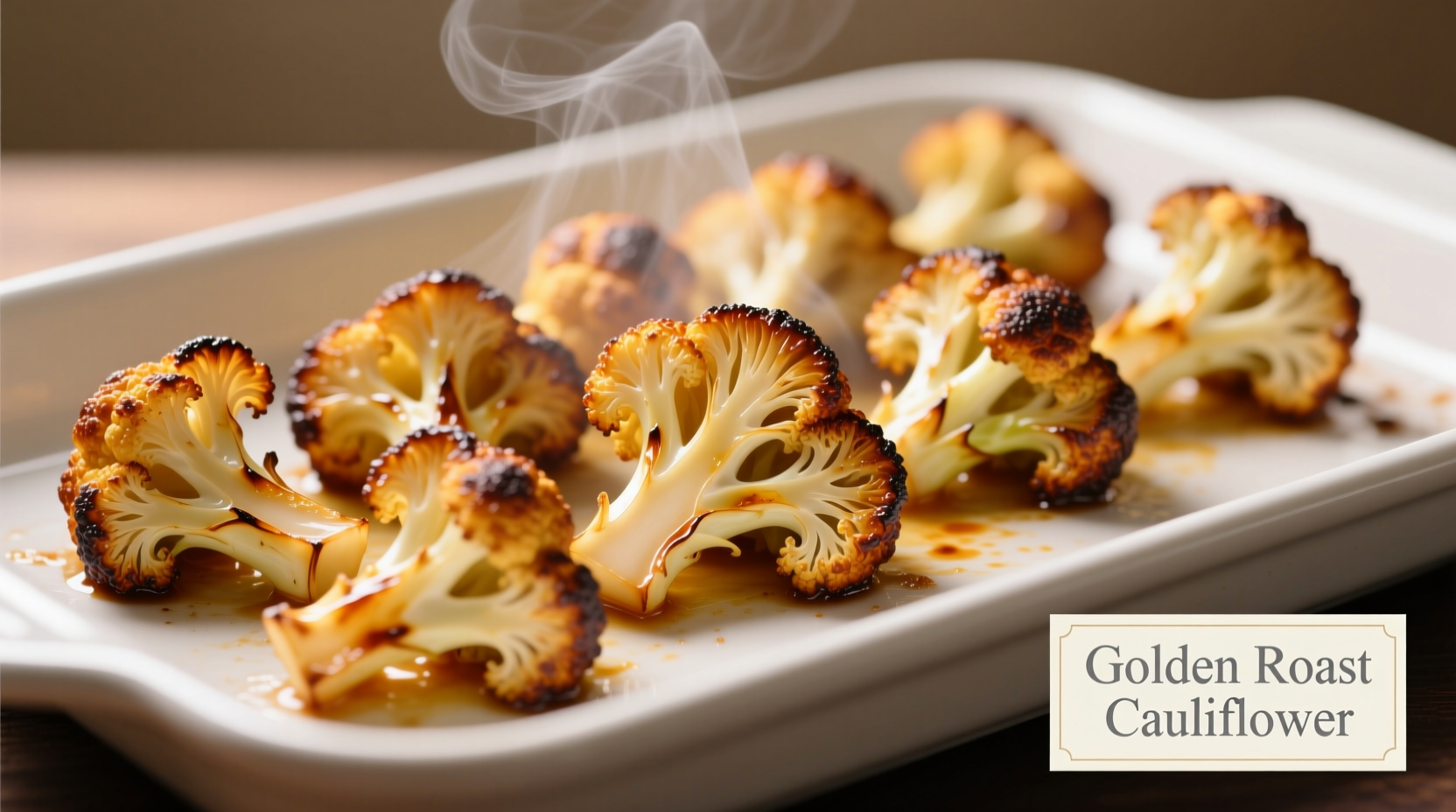 Perfectly roasted golden-brown cauliflower florets on baking sheet