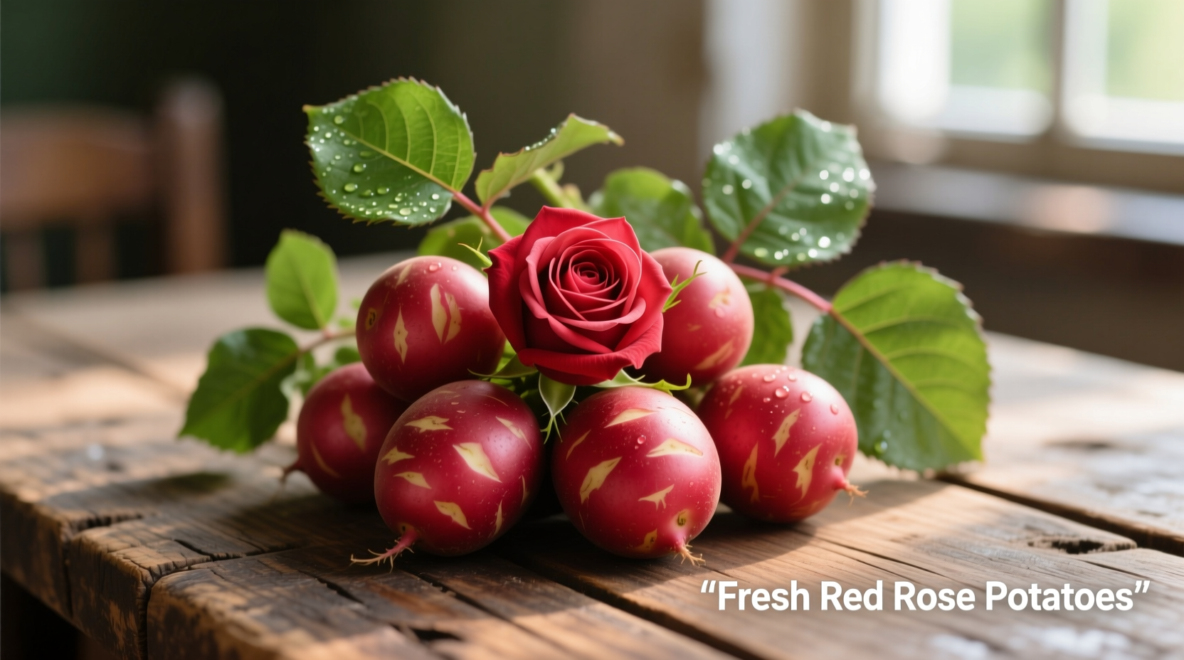 Fresh red rose potatoes with leaves on wooden table