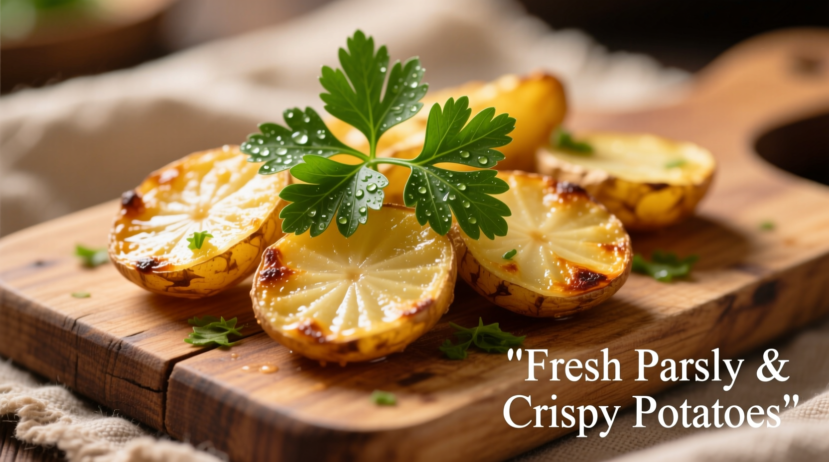 Fresh flat-leaf parsley sprinkled on golden potato skins