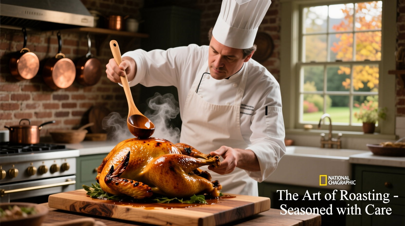 Chef basting a turkey with a spoon