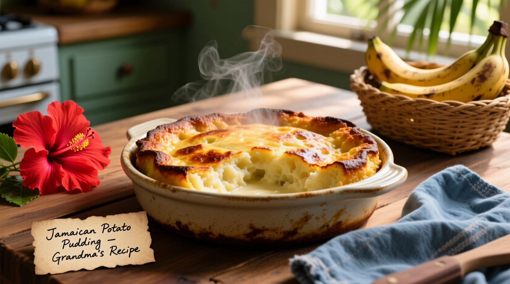Traditional Jamaican potato pudding in baking dish