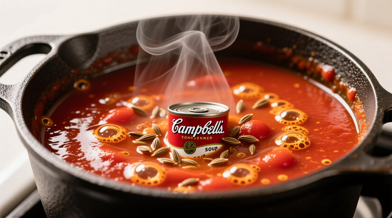 Close-up of Campbell's condensed tomato soup simmering with harissa paste and whole cumin seeds in a cast iron pot