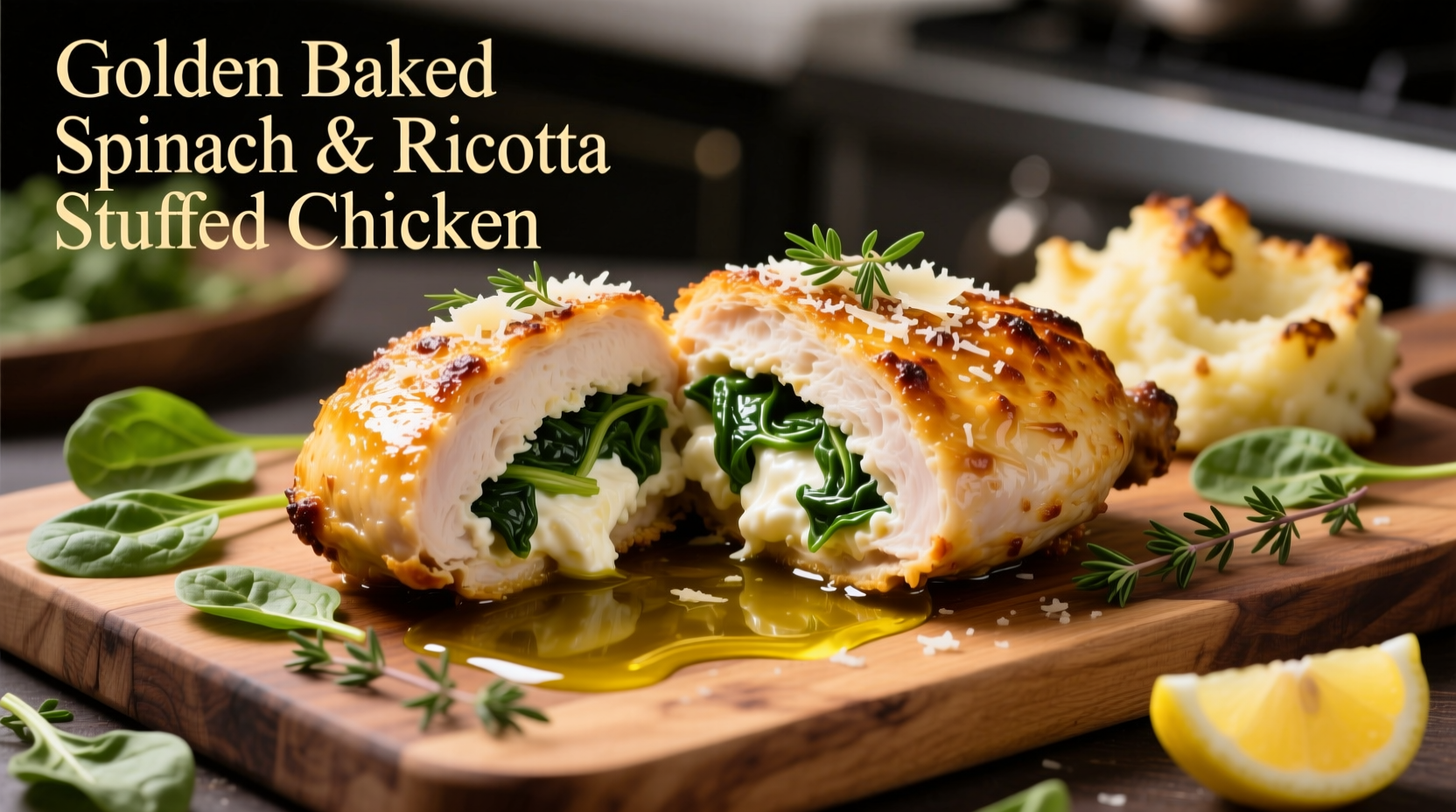 Golden baked spinach and ricotta stuffed chicken