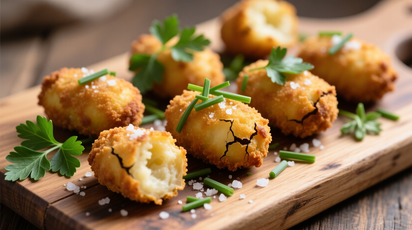 Golden brown potato croquettes on wooden board with herbs