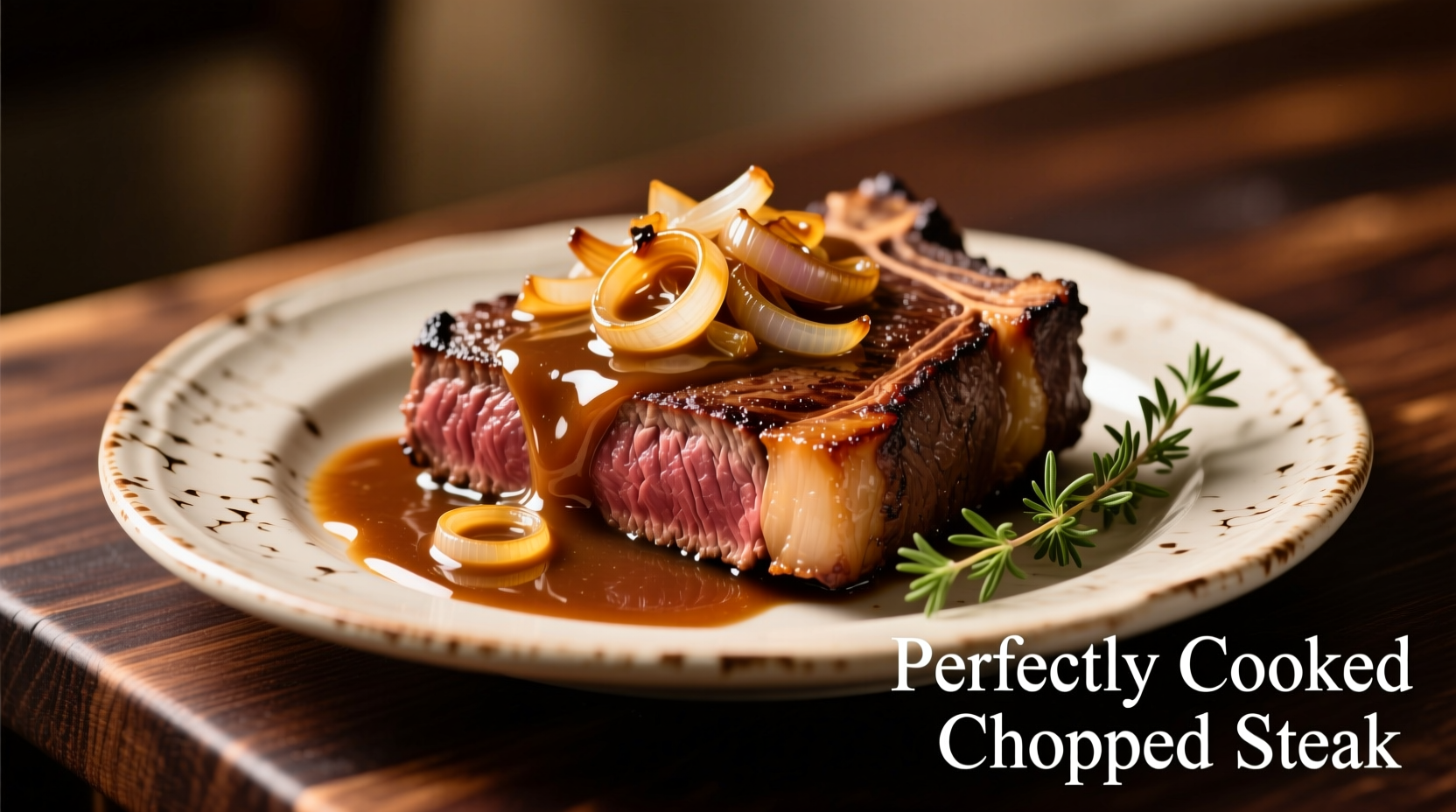 Perfectly cooked chopped steak with rich onion gravy