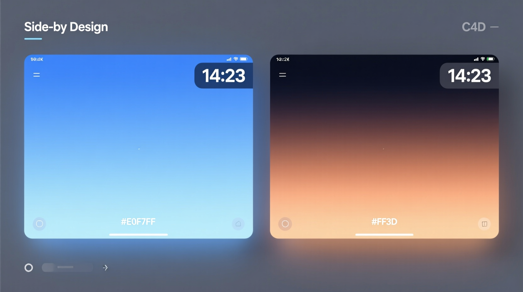 Side-by-side comparison: left panel shows a clean desktop with soft blue wallpaper, subtle clock widget, and no icons; right panel shows identical layout with amber-toned wallpaper and same widget positioning—demonstrating visual rhythm without clutter