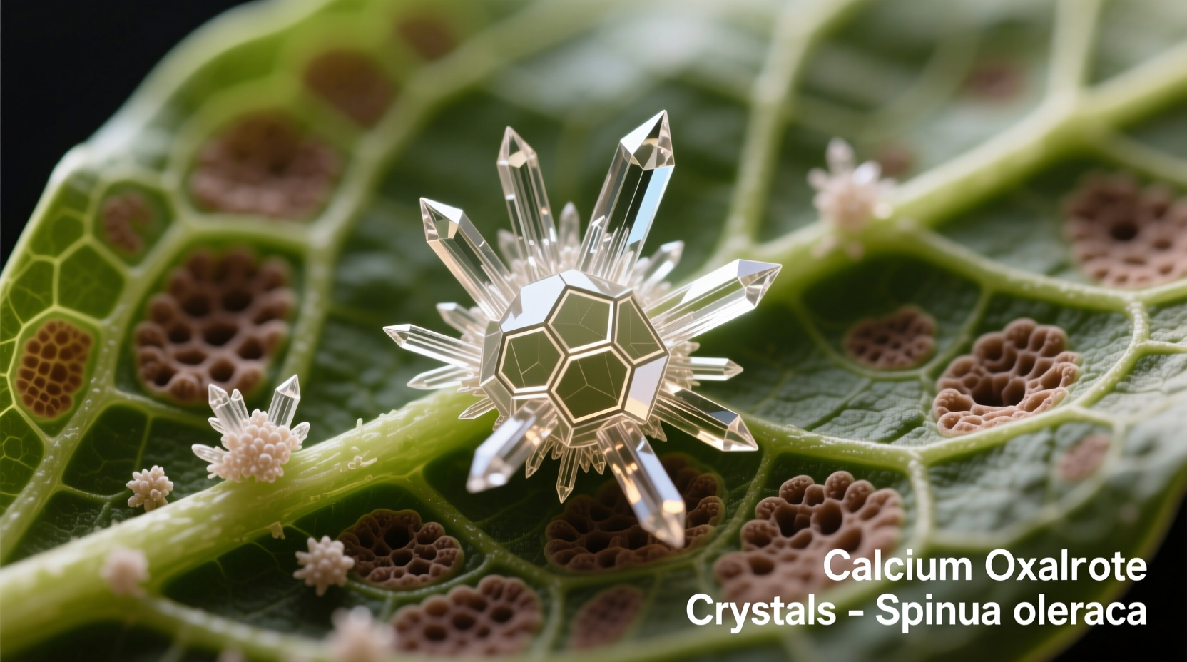 Microscopic view of calcium oxalate crystals on spinach leaf