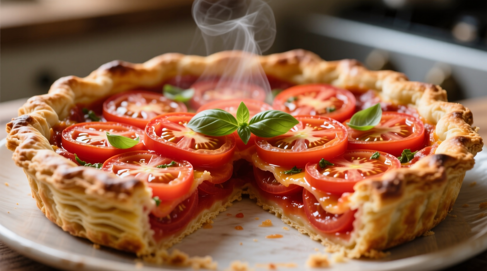 Fresh tomato pie with golden crust and visible tomato layers