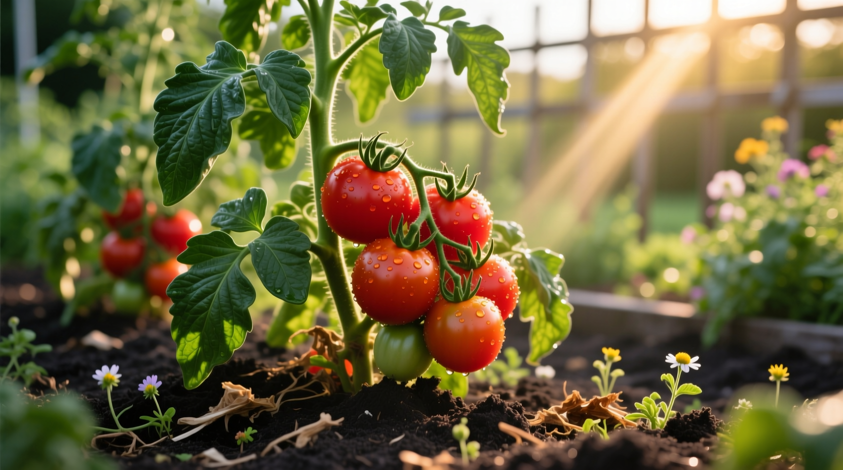 Healthy tomato plants growing in full sunlight garden