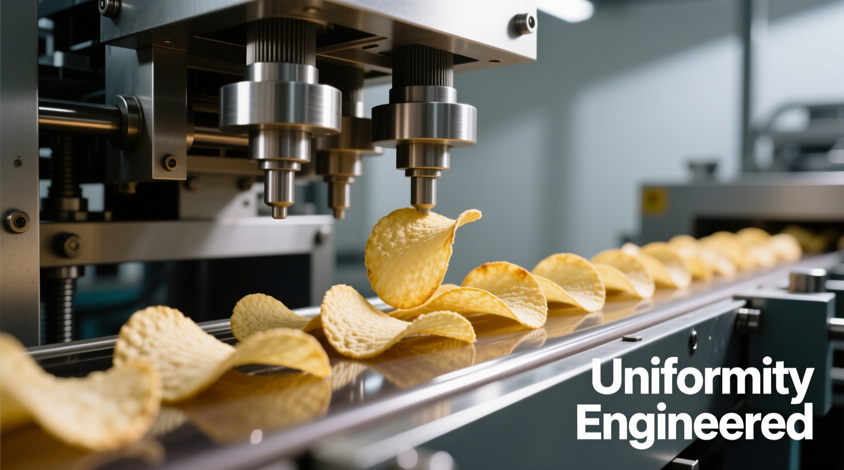 Close-up of Pringles manufacturing process showing uniform chip shapes