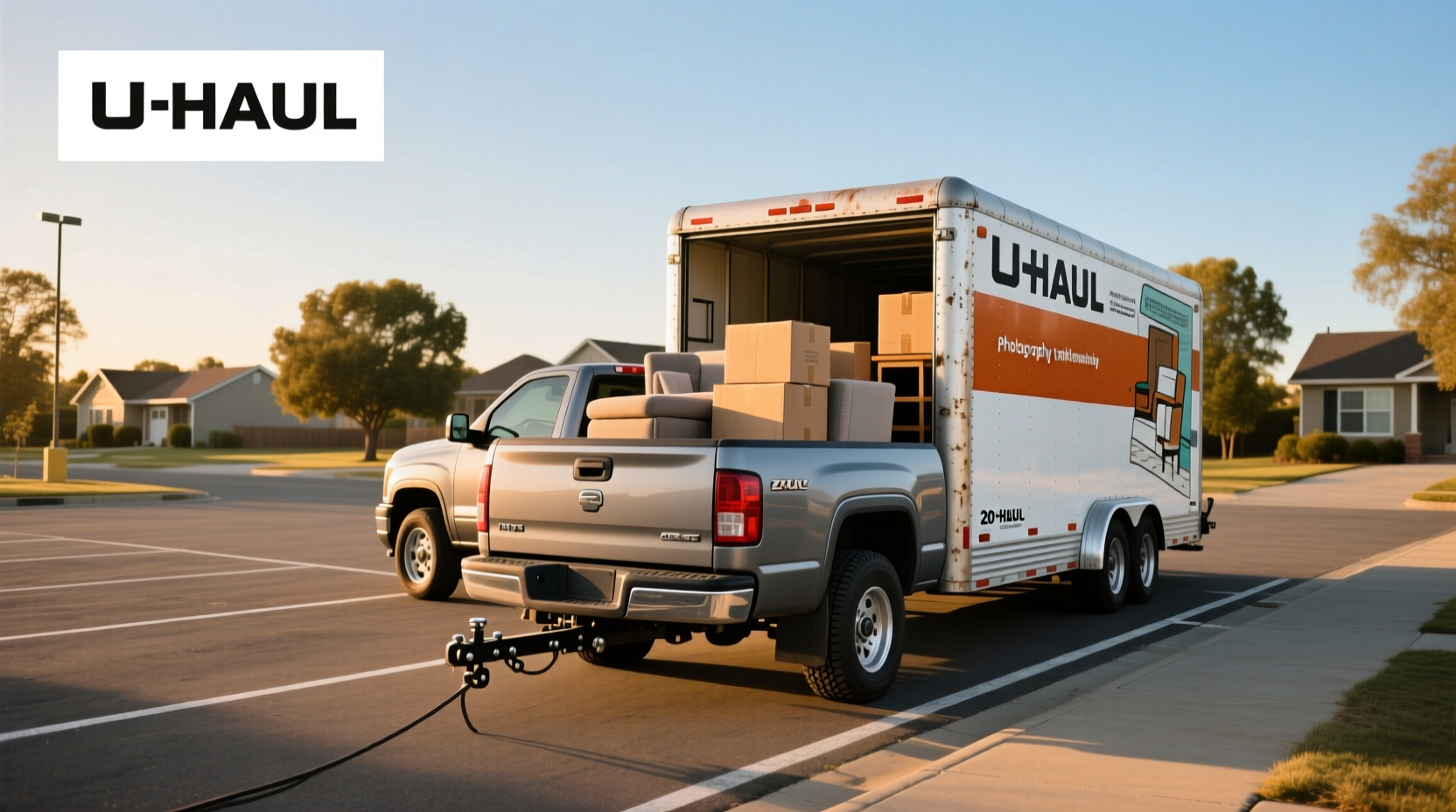 U-Haul pickup truck towing a small trailer