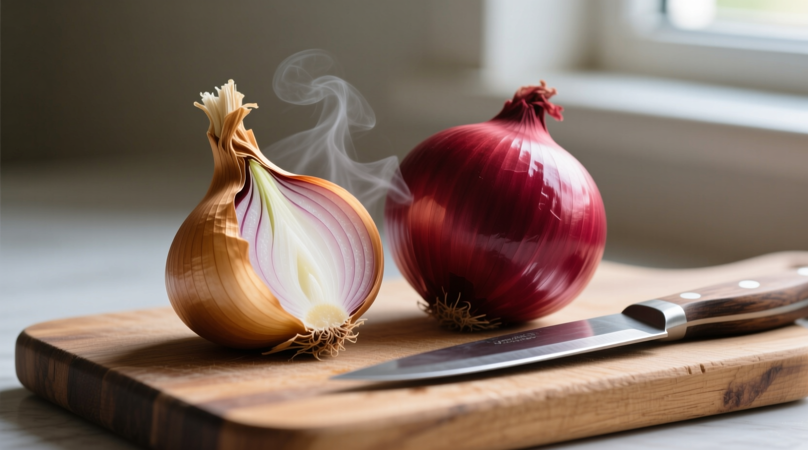 Shallot and red onion comparison on cutting board