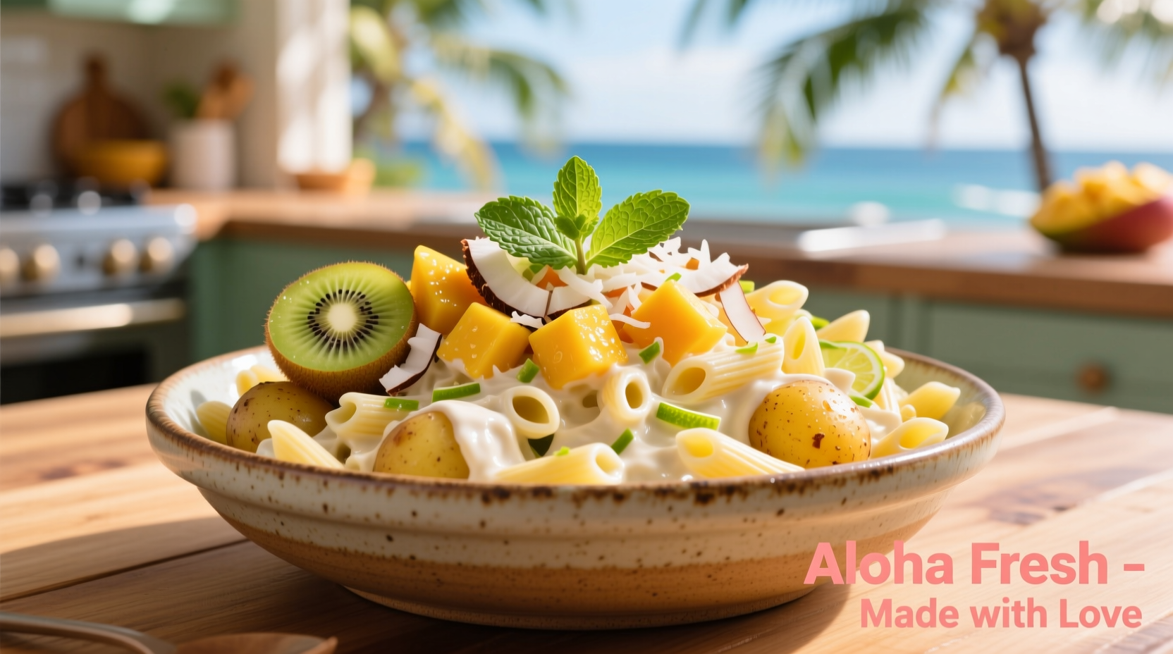 Hawaiian potato mac salad in serving bowl with tropical garnish