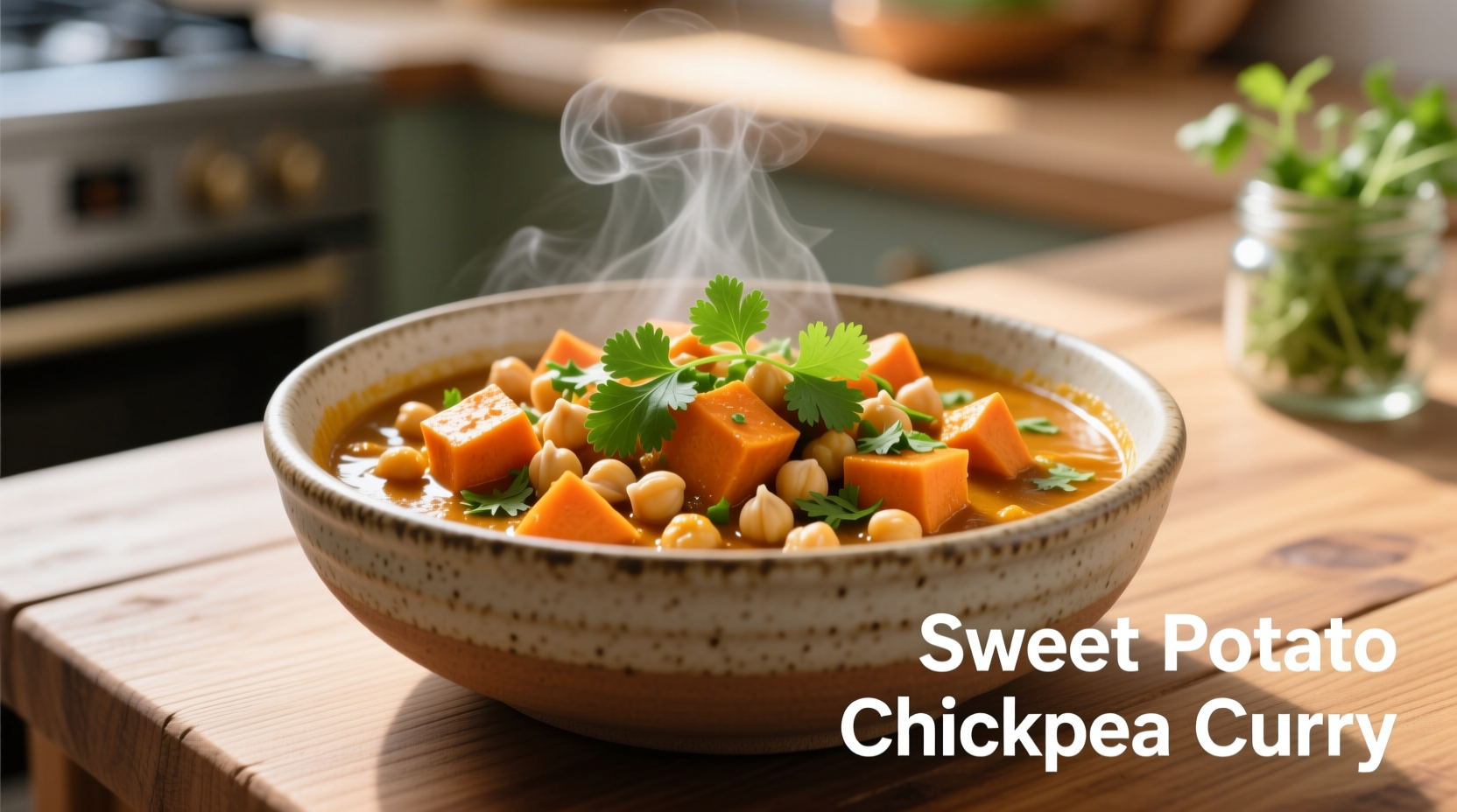 Sweet potato chickpea curry in ceramic bowl with fresh cilantro