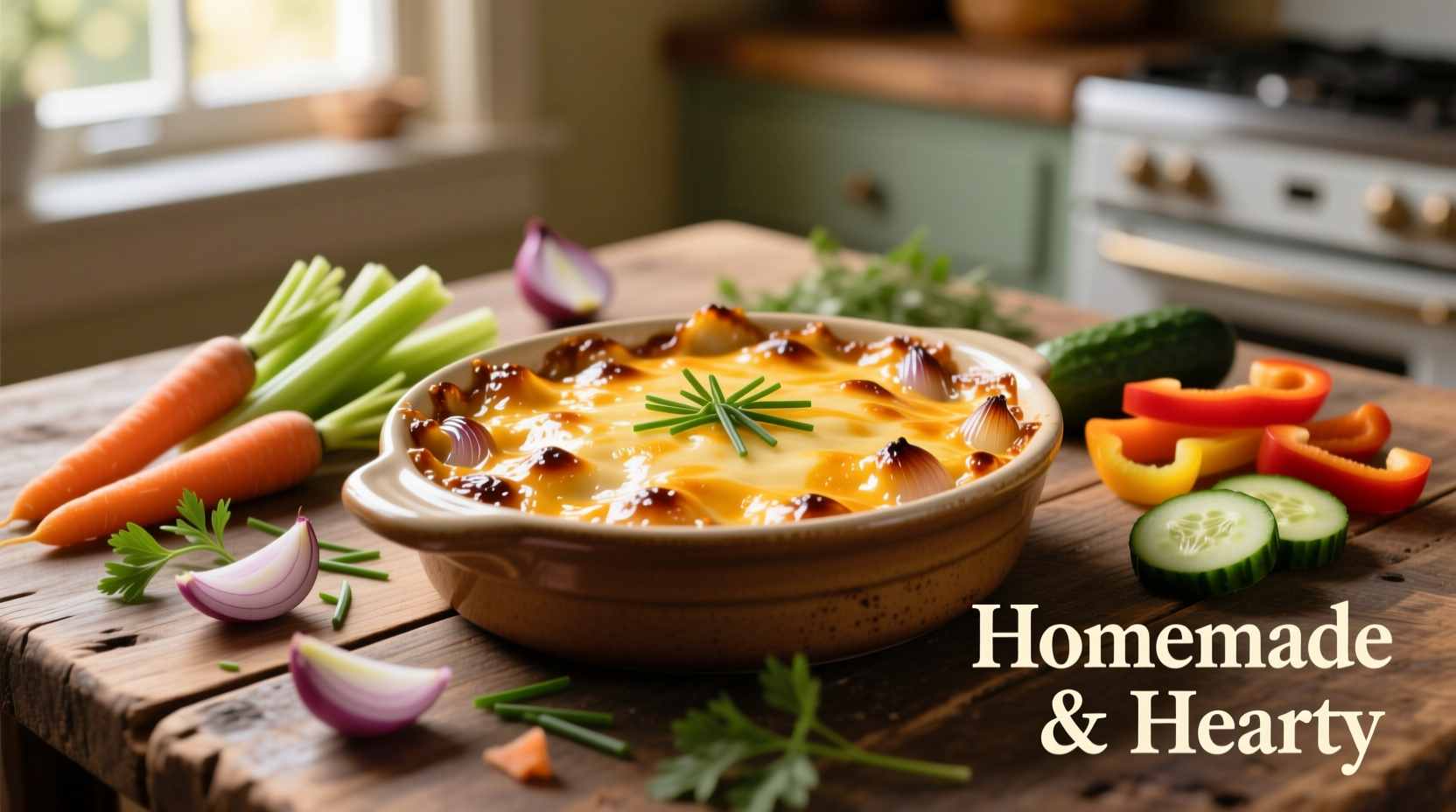 Golden baked onion dip in ceramic dish with vegetable dippers