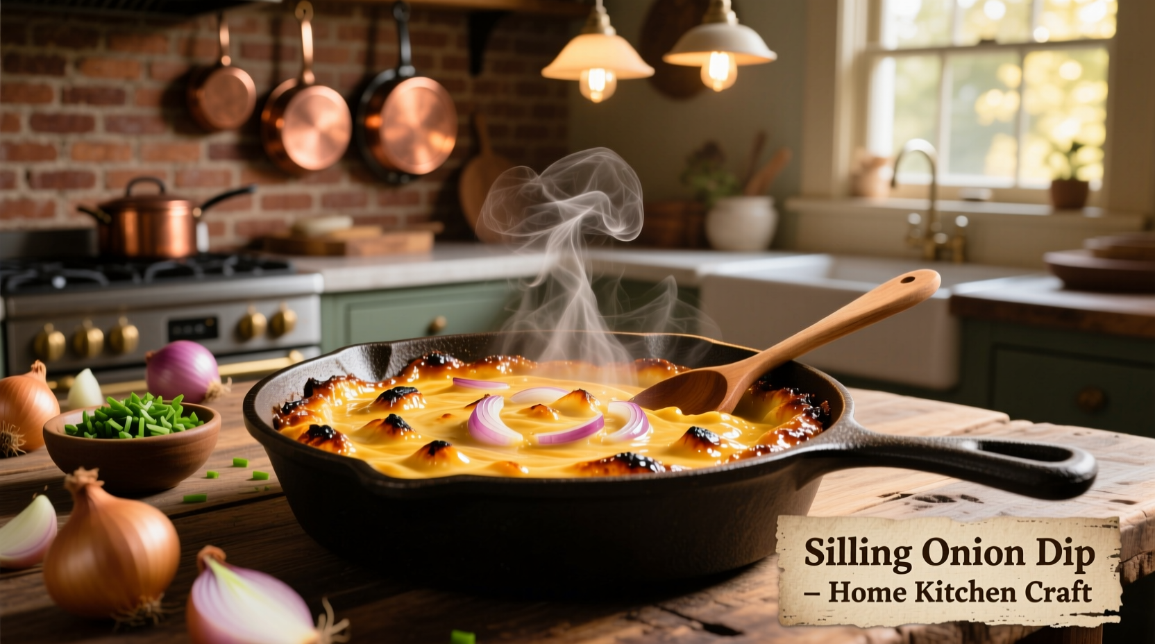 Golden hot onion dip bubbling in cast iron skillet