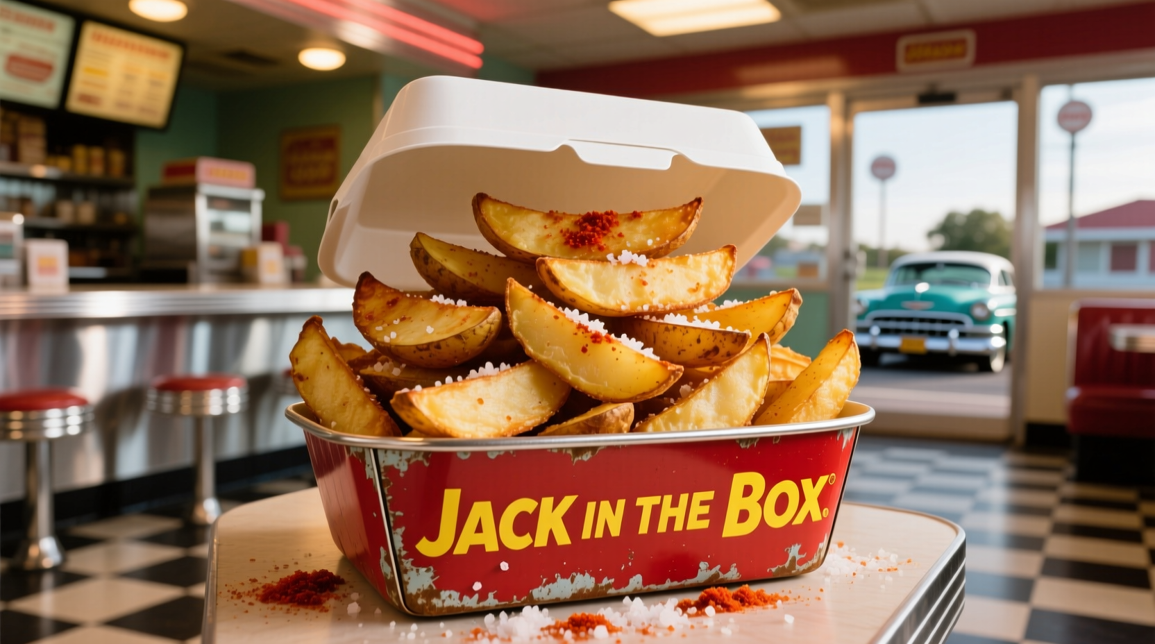Jack in the Box potato wedges served in a red container