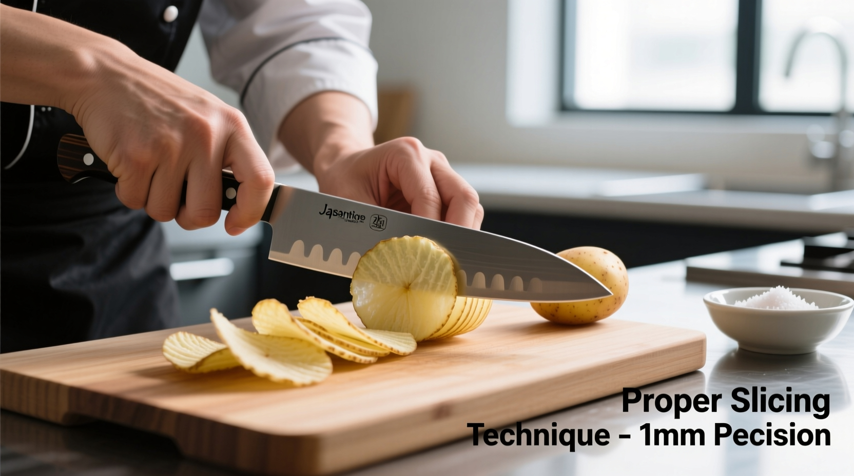 Professional potato chip slicing technique demonstration