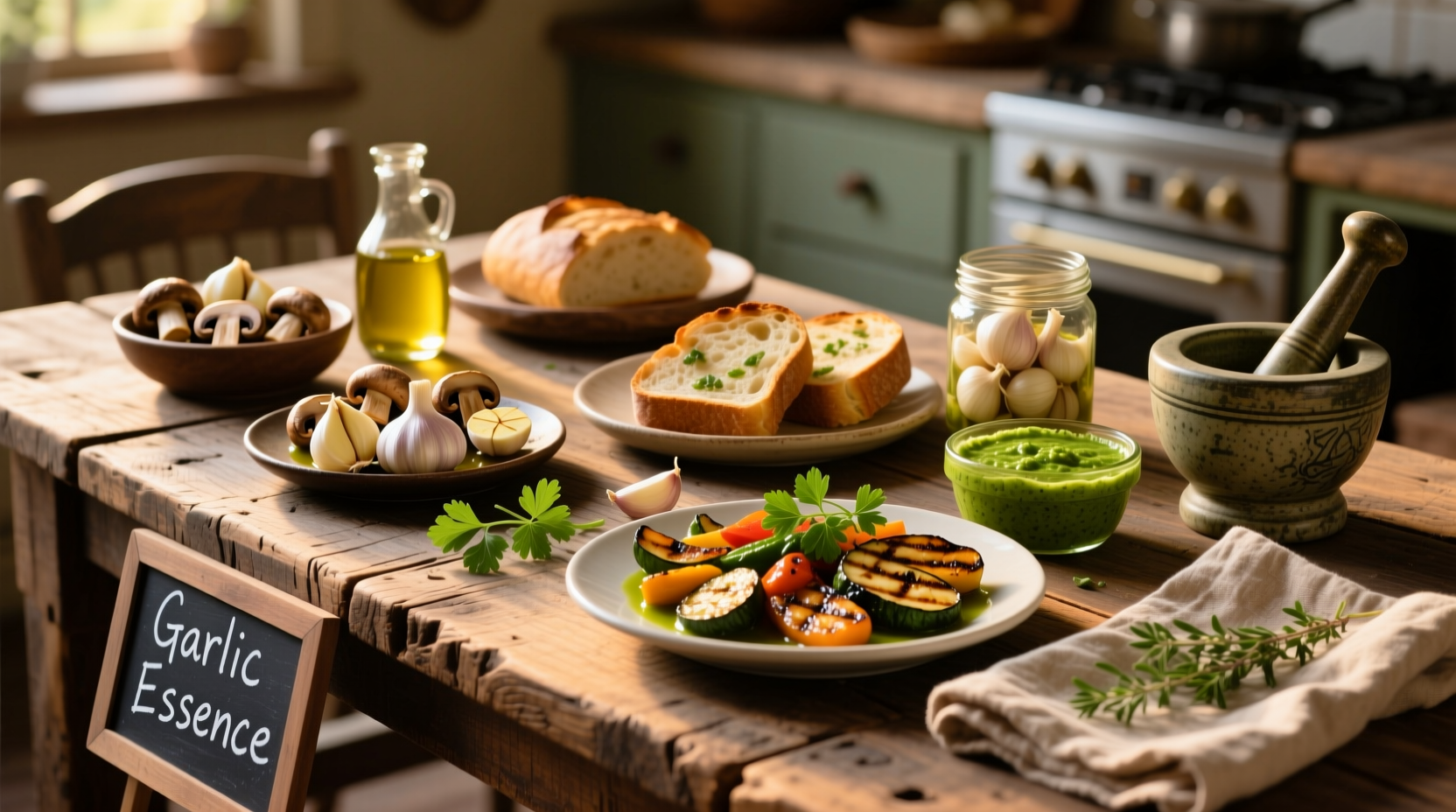 Variety of garlic dishes on wooden table