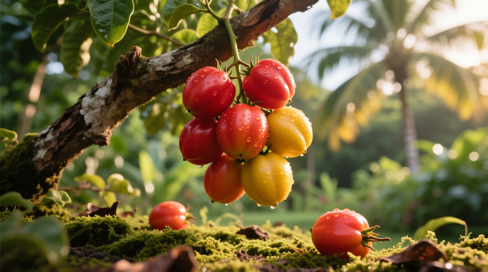Ripe red and yellow tamarillos on tree branch