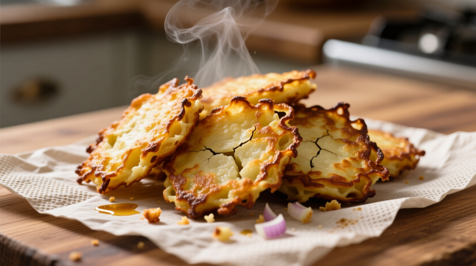 Crispy golden potato latkes on paper towel