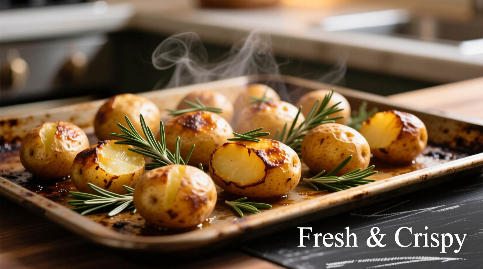 Golden roasted Yukon potatoes with rosemary on baking sheet