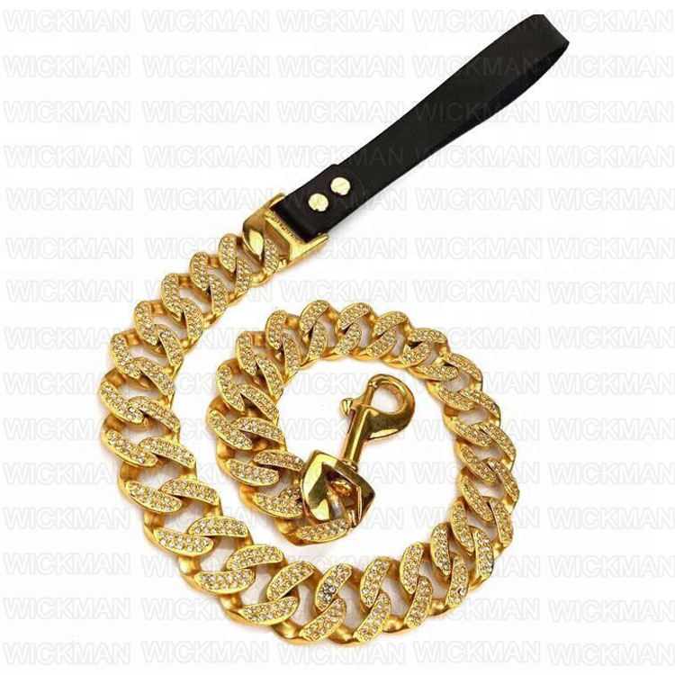 热卖定制不锈钢焊接镀18k金狗链中国批发金刚石金属狗绳 - buy dog