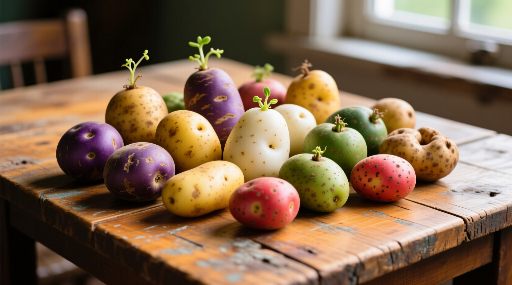 Colorful array of potato varieties on wooden table