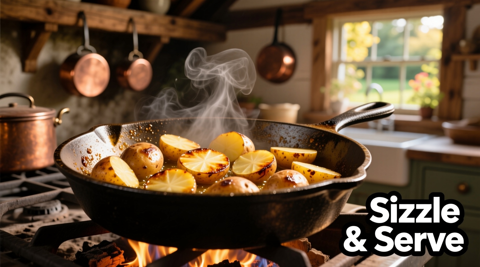 Golden brown potatoes sizzling in cast iron skillet