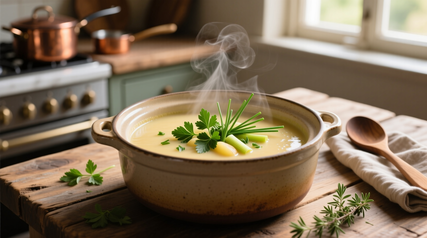 Creamy potato leek soup in crockpot with fresh herbs