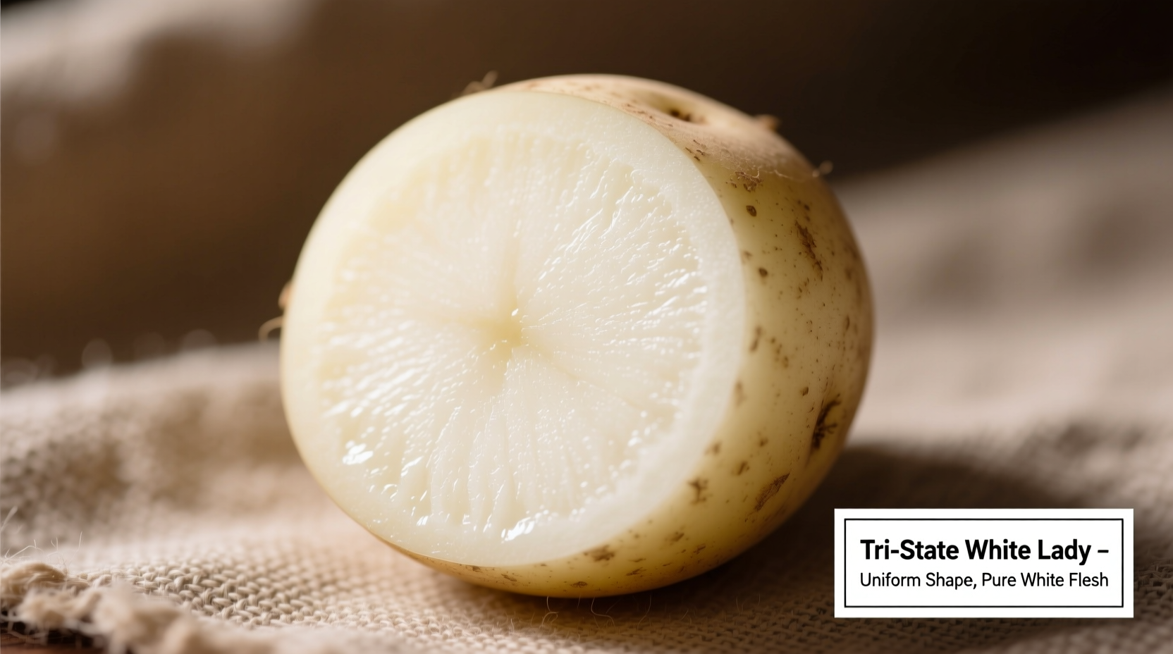 Tri-State White Lady potato variety showing uniform shape and white flesh