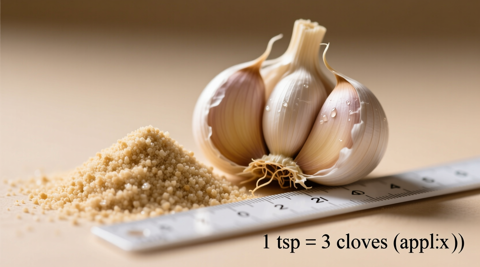 Granulated garlic measurement next to fresh cloves